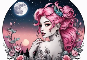 fairy with pink hair, eating a mushroom under the moon tattoo idea