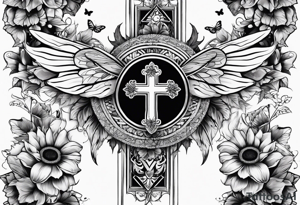 Arm sleeve with Winged cross with sunflower and butterflies tattoo idea