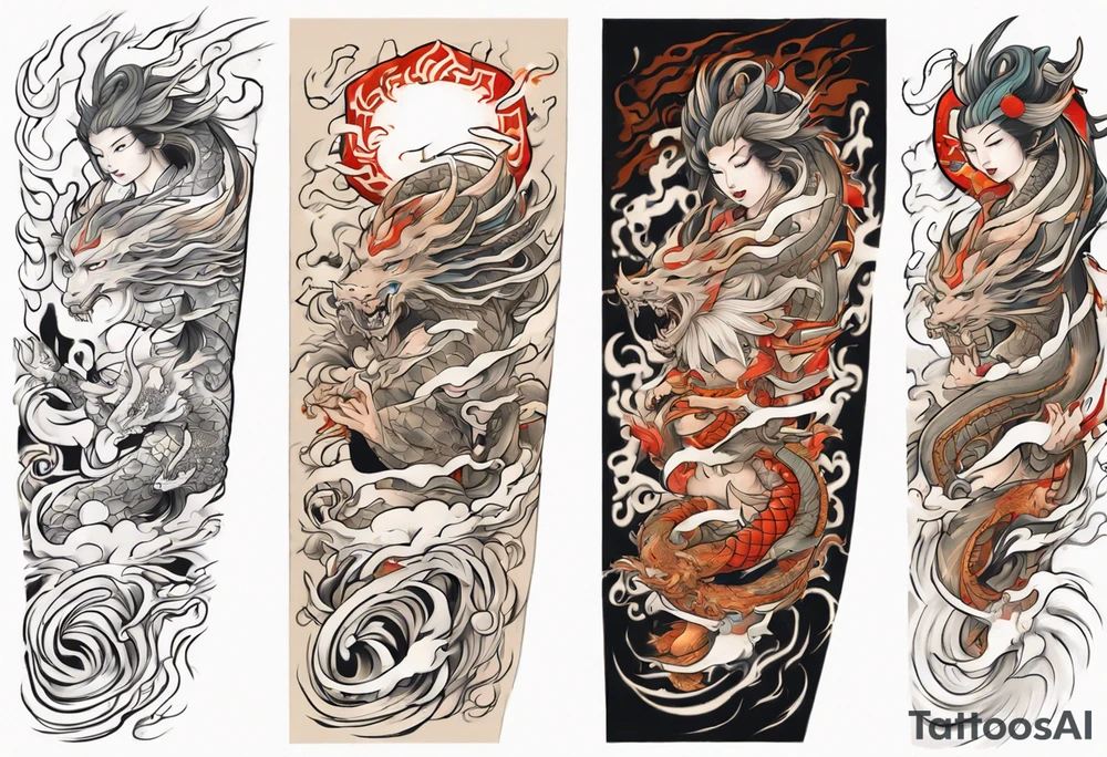 Japanese tattoo sleeve with amaterasu goddes on the shoulder and dragon along the hand tattoo idea