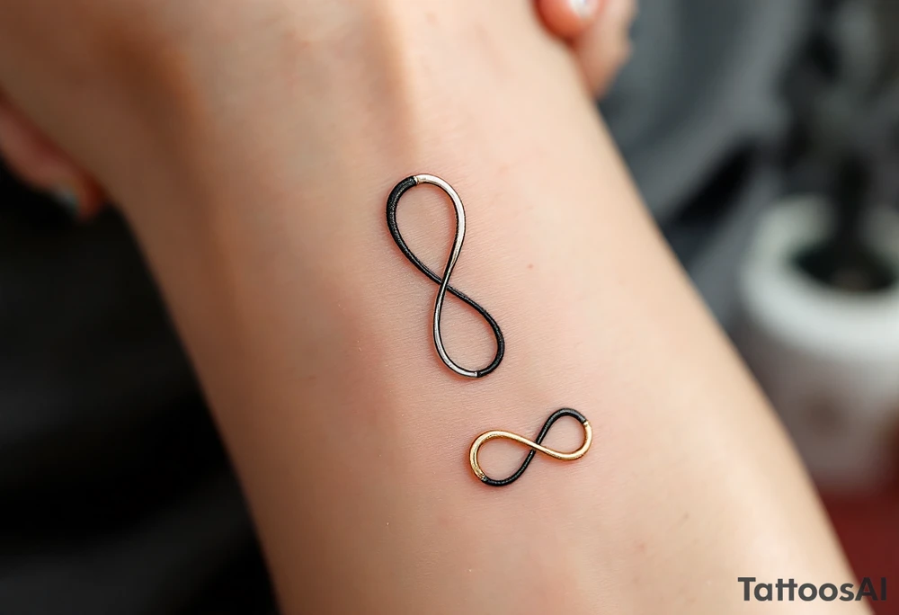 Three infinity symbols in gold, silver, and rose gold, each person (three) has its own tattoo idea