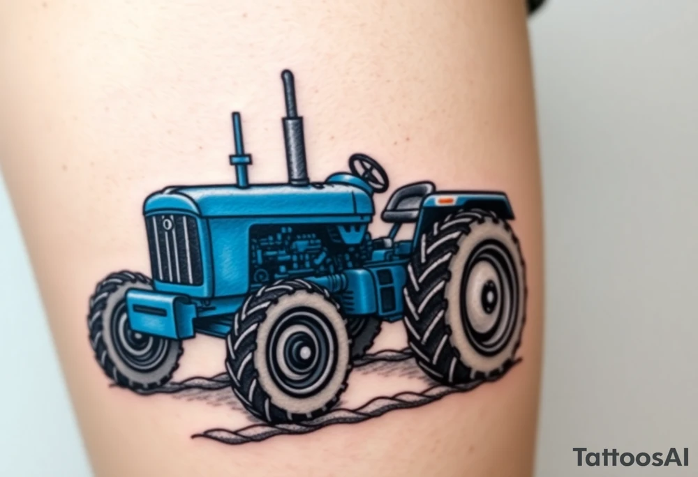 A detailed blue tractor with headlights glowing, standing proudly on a freshly tilled farm field. tattoo idea