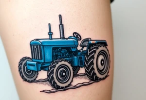 A detailed blue tractor with headlights glowing, standing proudly on a freshly tilled farm field. tattoo idea