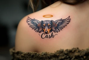 Dachshund ears between wings with a halo above and the name Cash tattoo idea