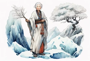 a 40 year old Sami woman with white hair and a white robe holding a long white tree branch, standing on an iceberg tattoo idea