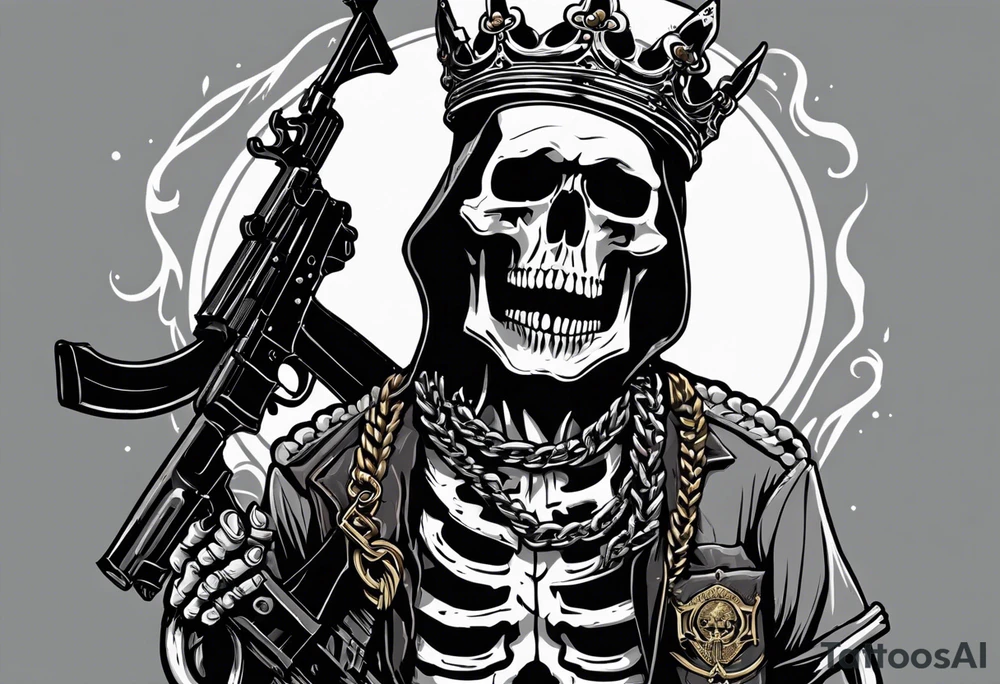 image of a skeleton standing frontally with a crown on his head, holding an AK-47 on his shoulder with his right hand. The chain on the left should be taut, there are three angry barking Dobermans in it, near the waist tattoo idea