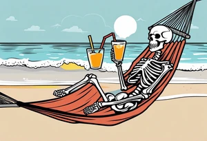 skeleton wearing a button up hawaiian shirt relaxing on the beach with a drink in a hammock tattoo idea