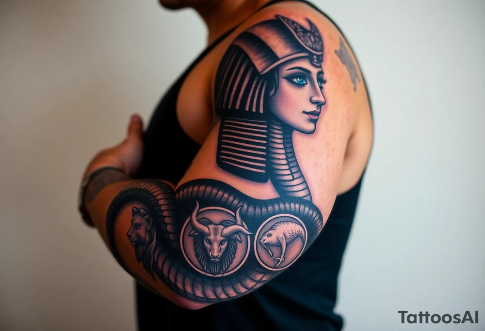 A DSLR photo of a full upper arm tattoo on a man's right arm, from neck to below the elbow. The tattoo shows the Egyptian goddess Renenutet with a serene and powerful female face, shaded with lifelike detail. Her eyes are vivid blue with white highlights. She wears a war crown (Mut or Isis style, with horns and a solar disk), and an ankh on the forehead. Her hair blends into a cobra hood that transitions into the serpent’s body wrapping around the entire arm. The cobra’s scales are deeply shaded black with white edge accents and subtle blue highlights on the back. The body coils protectively around the forearm, encircling three symbols: twin faces (Gemini), a lion’s head in relief (Leo), and a Capricorn with a horned goat and fish tail, each embedded in the snake’s body or stylized medallions. The tattoo glows slightly with white ink accents, giving it a vibrant, almost living presence. Photographed in soft studio lighting to highlight texture and shading, with visible skin grain and depth of ink. tattoo idea