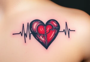 A heartbeat line surrounding a broken heart, painted in black and gray with a vibrant red center, symbolizing pain and recovery. tattoo idea