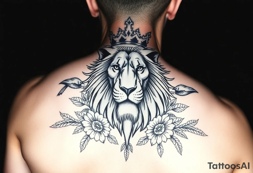 powerful majestic lion with a crown, surrounded by floral ornaments and birds tattoo idea