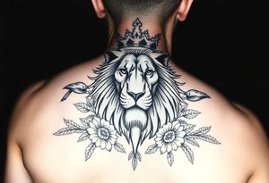 powerful majestic lion with a crown, surrounded by floral ornaments and birds tattoo idea