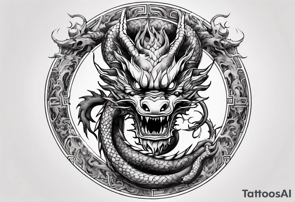 Chinese dragon in a circular shape with "02.03" written on its skin tattoo idea