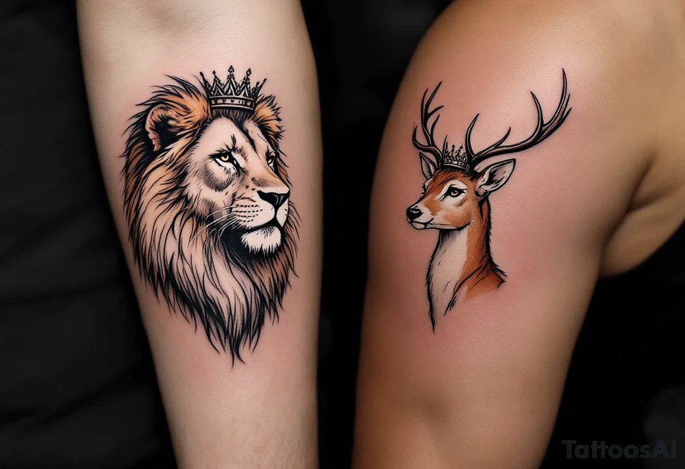 Minimal black line tattoos of matching animal pairs—lion/lioness or stag/doe—each with a crown. tattoo idea