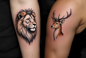 Minimal black line tattoos of matching animal pairs—lion/lioness or stag/doe—each with a crown. tattoo idea