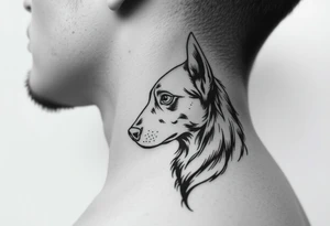 One lined black ink art . Of dog/Aquarius elegant portrait. On side of neck tattoo idea