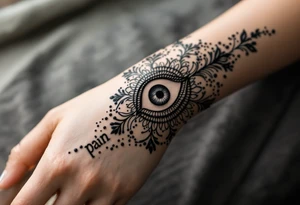 Indian style Henna tattoo for the inner wrist include the word pain and an eye tattoo idea