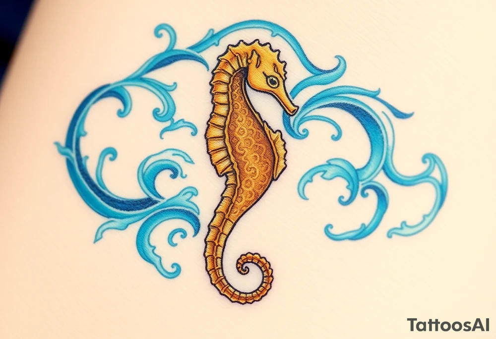 A majestic golden seahorse with delicate filigree engravings, surrounded by swirling ocean currents in deep blues and teals. tattoo idea