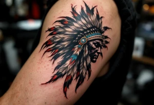 A warrior silhouette in black, wearing a feathered headdress with red, white, and turquoise accents. tattoo idea