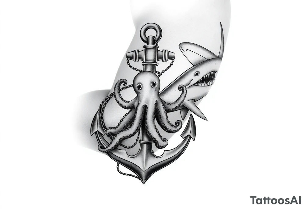 anchor with a pair of lung ingraved on it with an octopus who is holding the anchor and pulling doward on my forearm then on my upper arm and shoulder a hammerhead shark who is tied to the anchor and  pulling up on it tattoo idea