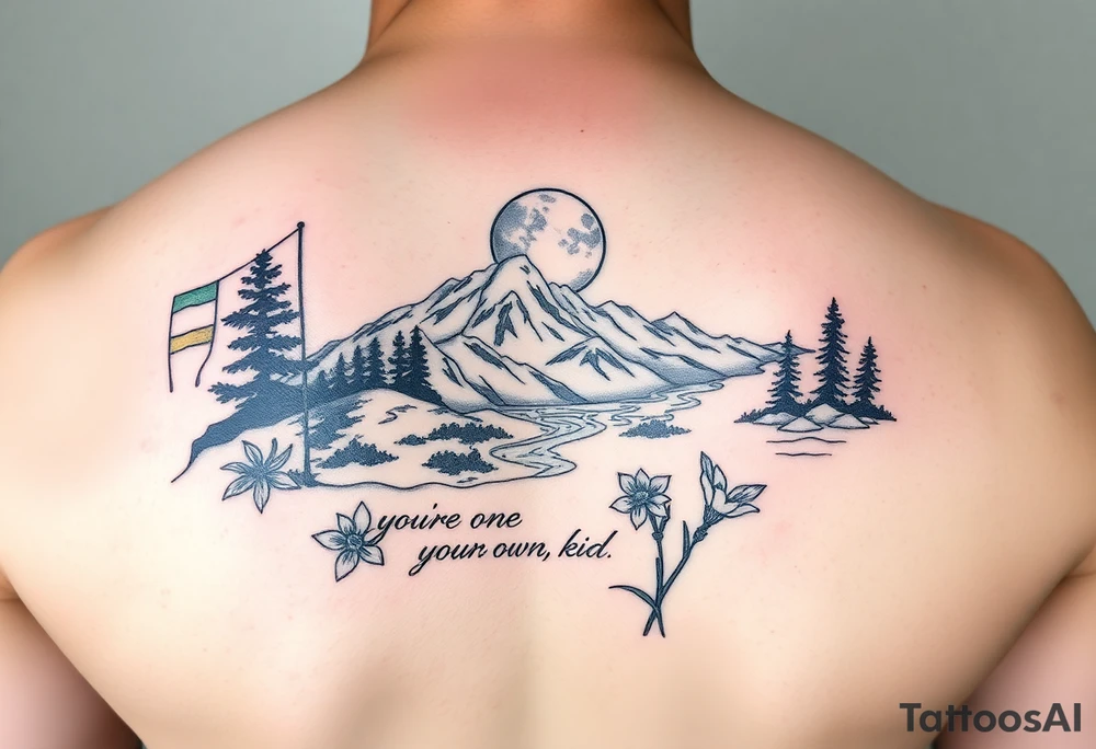 upper arm tattoo with buddhist prayer flags, mountain, river, "you're on your own, kid", little blue bird, daffodil, and full moon tattoo idea