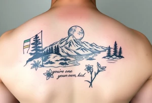 upper arm tattoo with buddhist prayer flags, mountain, river, "you're on your own, kid", little blue bird, daffodil, and full moon tattoo idea
