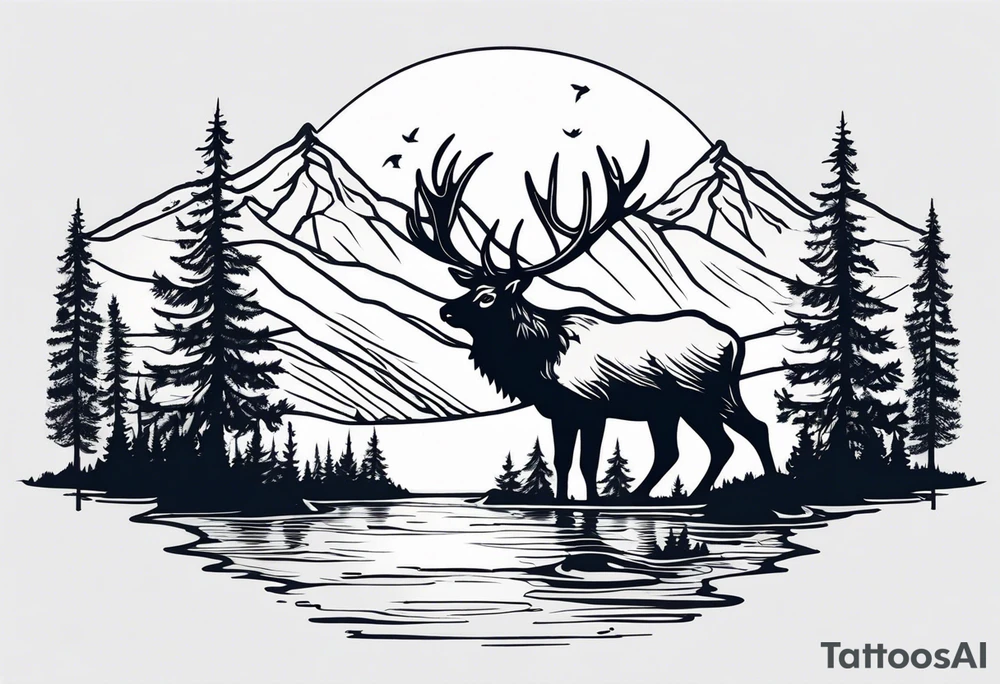 Elk water mountains rifle hunting trees birds deer bear tattoo idea