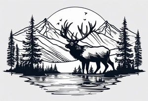 Elk water mountains rifle hunting trees birds deer bear tattoo idea