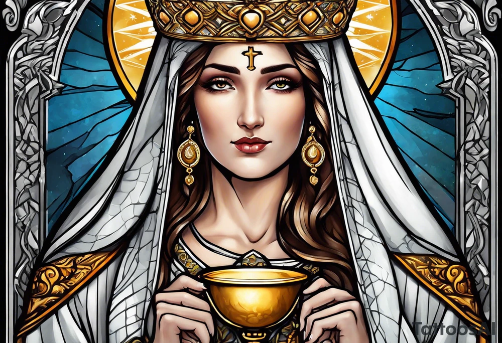 holy saint woman with halo holding a chalice tattoo idea