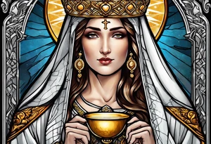 holy saint woman with halo holding a chalice tattoo idea
