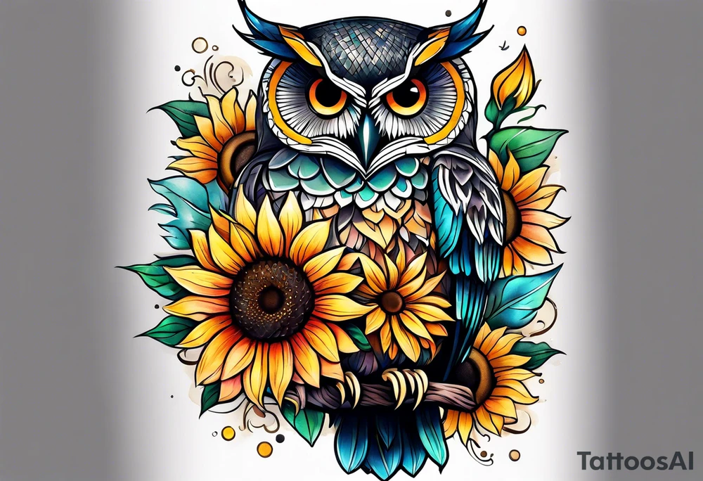 Leg sleeve with colorful sunflowers and an owl tattoo idea