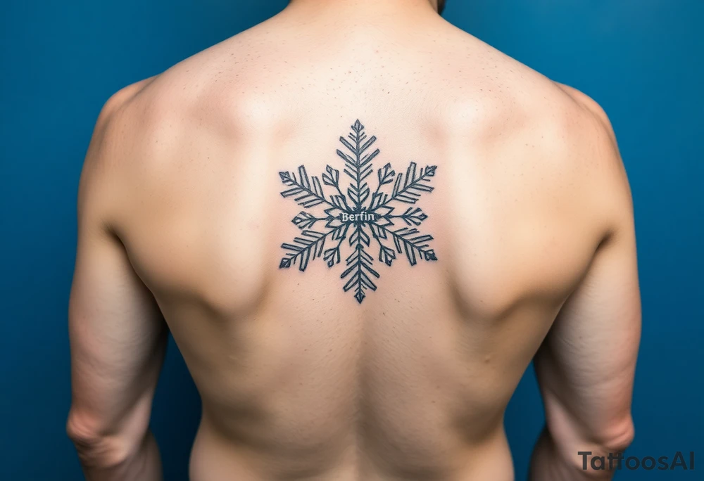 Blue backround, a snowflake and the name „Berfin“ in it tattoo idea