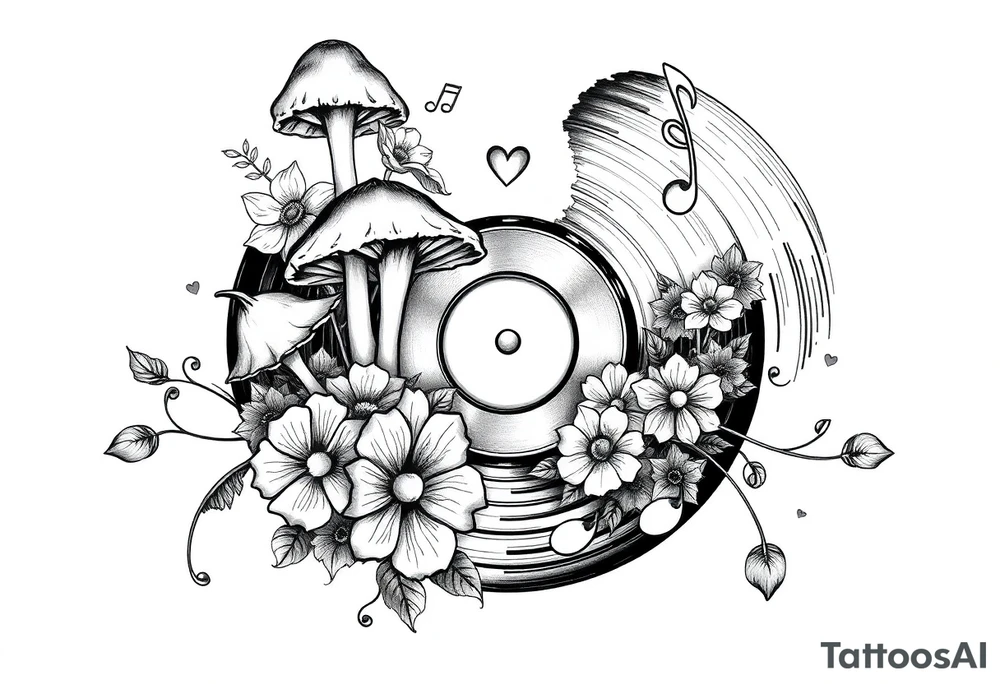 vinyl record with mushrooms, flowers, hearts, and music notes tattoo idea