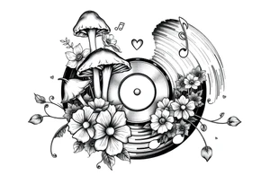 vinyl record with mushrooms, flowers, hearts, and music notes tattoo idea