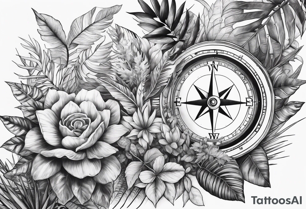 sleeve tattoo with compass and all-seeing eye and jungle plants tattoo idea