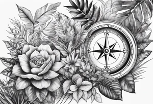 sleeve tattoo with compass and all-seeing eye and jungle plants tattoo idea