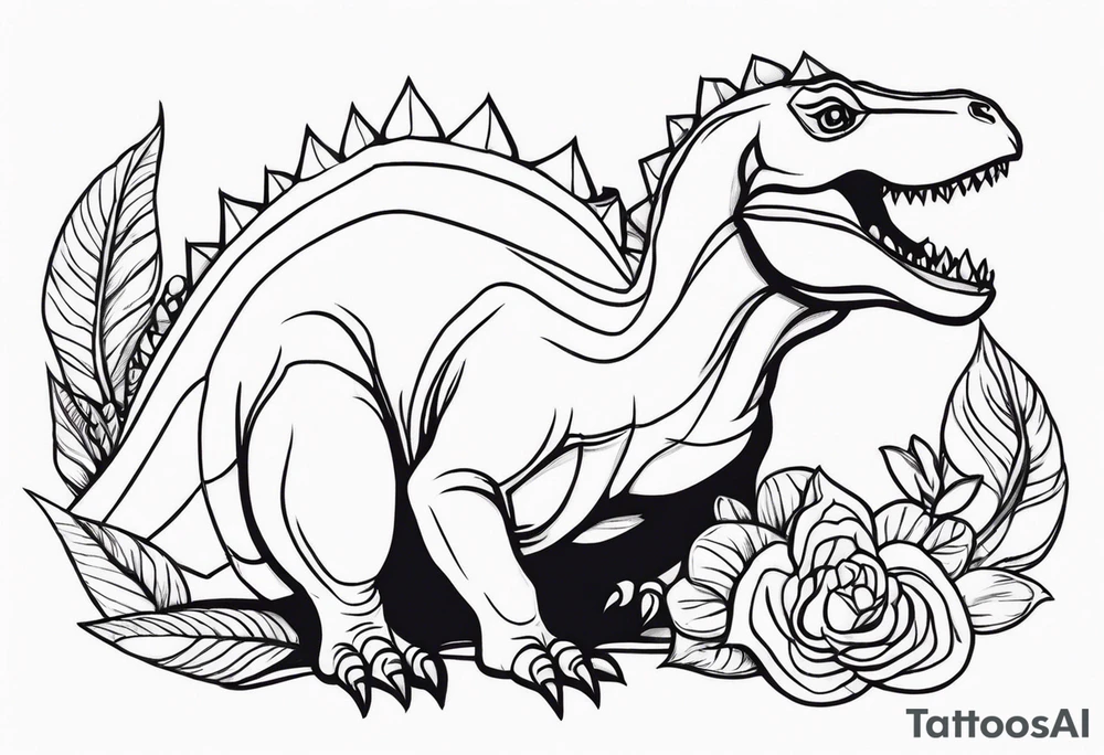 Draw me a simple sweet sitting dino who is drawing on a painting tattoo idea