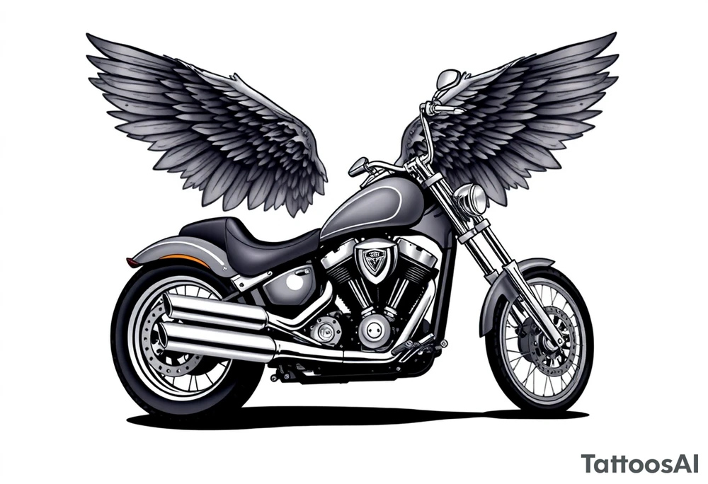 Low rider grey motorcycle, big muffler pipes with flames, angel wings, driving away, no person tattoo idea