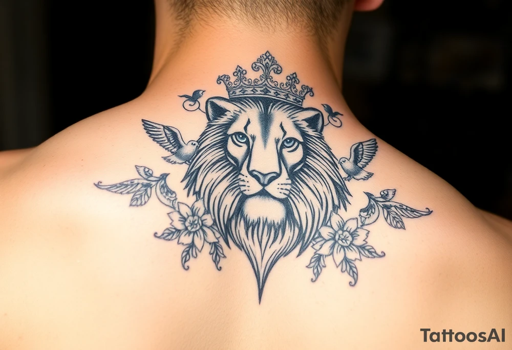 powerful majestic lion with a crown, surrounded by floral ornaments and birds tattoo idea