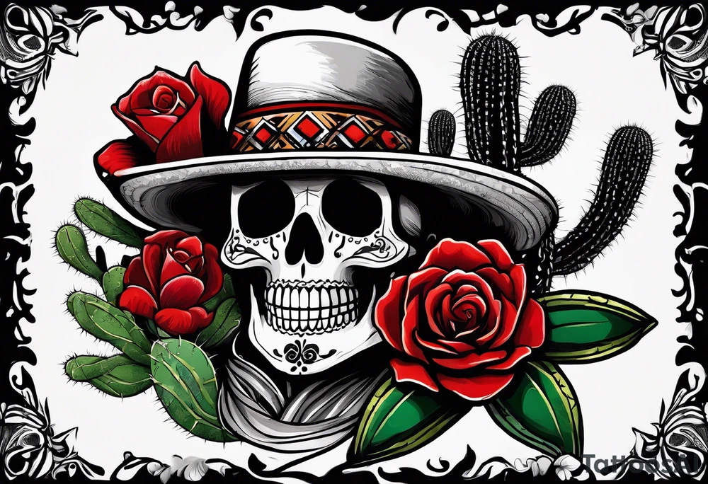 day of dead, red rose, Mexican hat, no skull, cactus tattoo idea