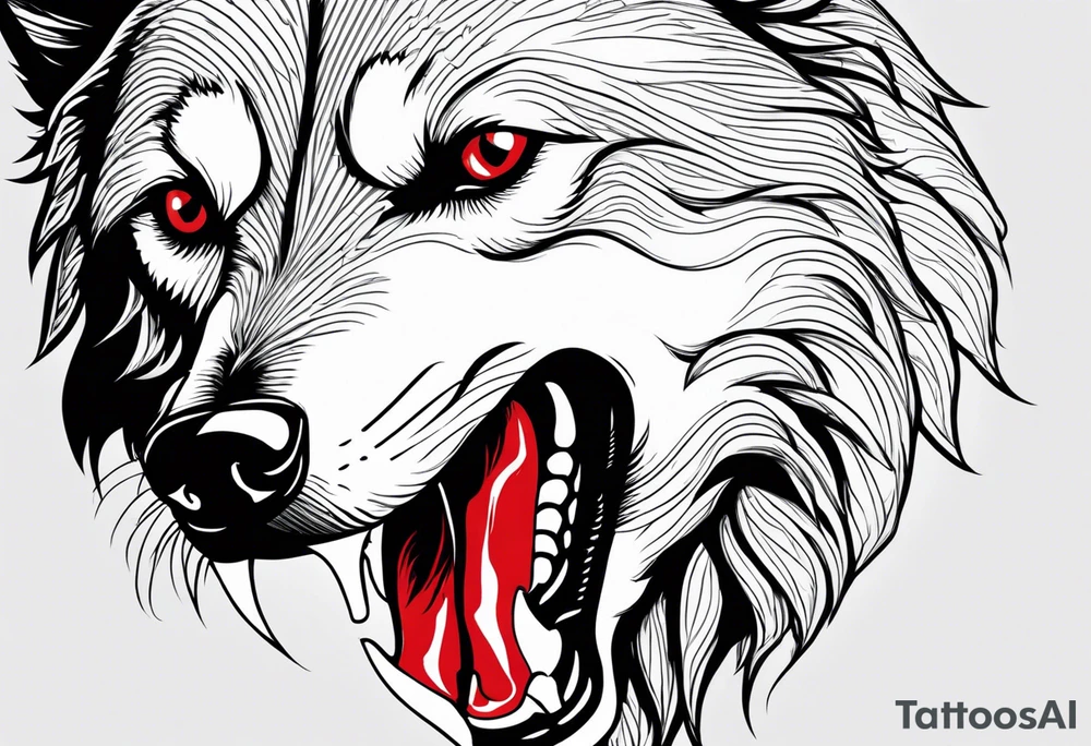 Create aggressive, vicious dog, with some blood coming out of his mouth and saliva. Make it a drawing and use the image of reference. I am going to add. I want HIM TO BE ANGRY WITH RED EYES use VICIOUS WOLF THATS ANGRY tattoo idea