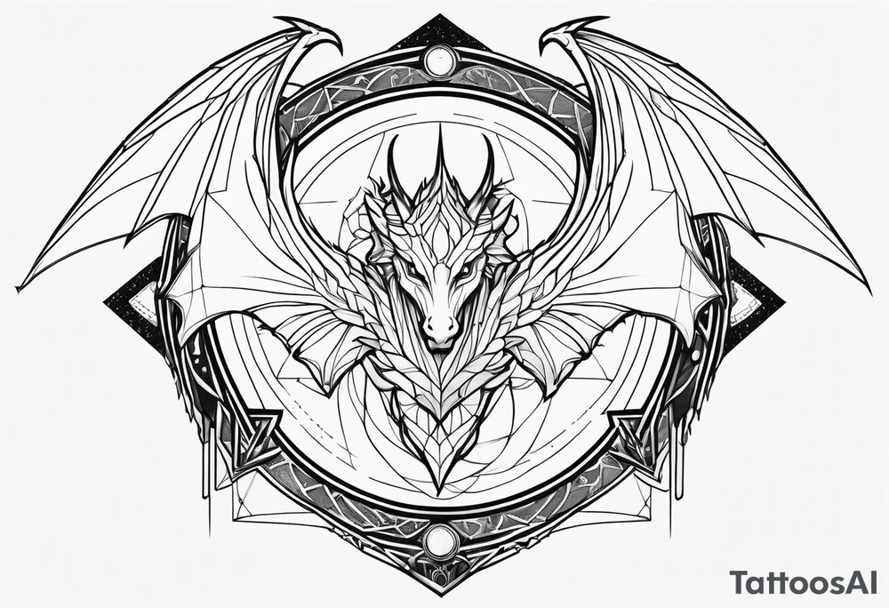 angel, dragon, geometric lines, figures, constellation cancer tattoo idea