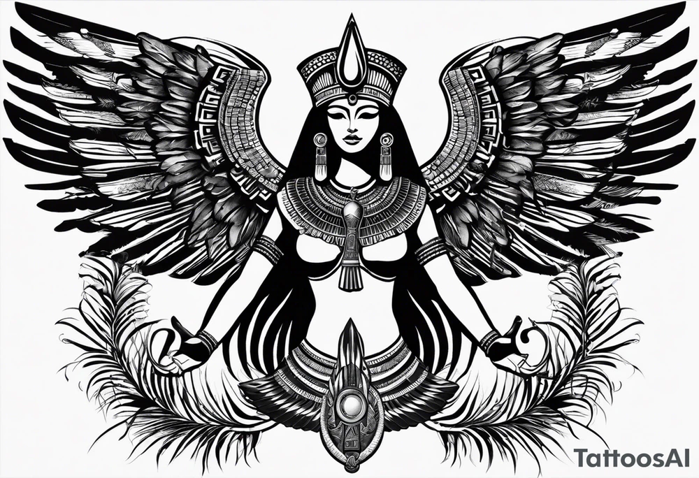 black and white Egyptian goddess Isis, who is often depicted as a woman with outstretched wings, holding an ankh (a symbol of life) in one hand and a lotus flower in the other. Her headdress often includes a throne or a solar disk. The tattoo design can vary in style and size, but it typically aims to capture the essence of this revered Egyptian deity, emphasizing her beauty, power, and maternal qualities. The choice of colors and additional elements can also be customized to create a unique and visually striking representation of the goddess Isis tattoo idea