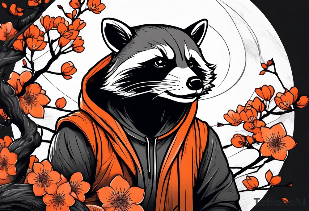 Raccoon wearing a white Superman logo on a black hoodie and orange Japanese cherry blossoms beside tattoo idea