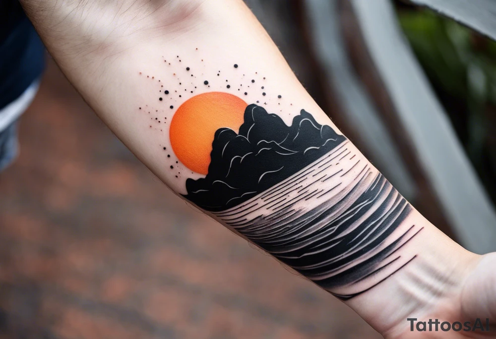 This is an extremely simple and minimalistic tattoo placed on male forearm. It is black and white with tiny splashes of orange from the sun. The tattoo is 4 inches wide by 2 inches tall. From the perspective of being on the ocean, the water is calm, with no waves in sight, the sun is setting behind the ocean, reflecting light onto the water. The water has shading. tattoo idea