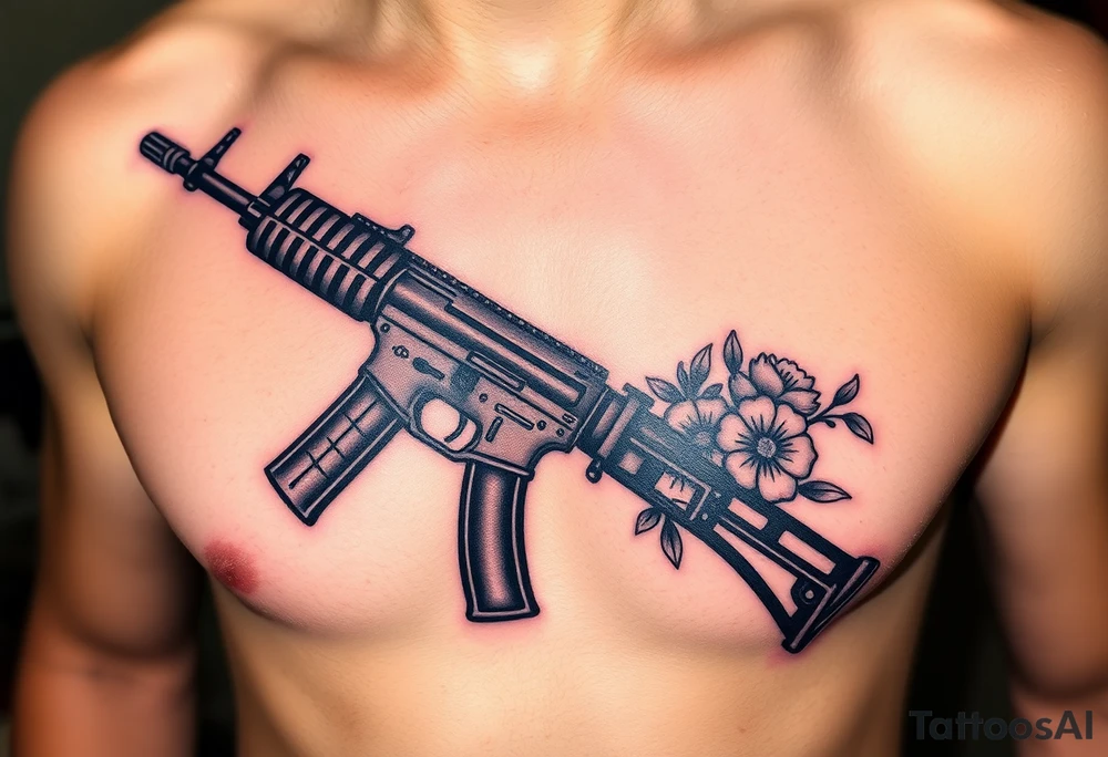 ak 47 black silhouette with floreal details tattoo idea