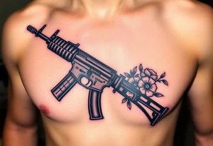 ak 47 black silhouette with floreal details tattoo idea