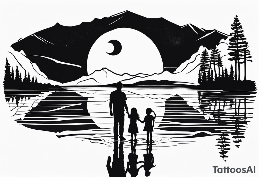 Father in between 6 year old daughter and 2 year old son. Standing in front of water with their reflection with tree beside them and mountains in the background. Moon in the sky reflecting in the water tattoo idea