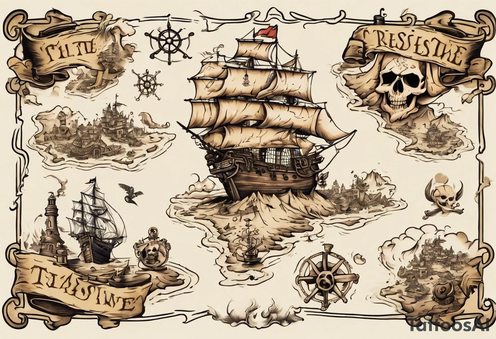 a back tattoo of a pirate treasure map with an island shaped like a big skull with clues to different areas of treasure tattoo idea