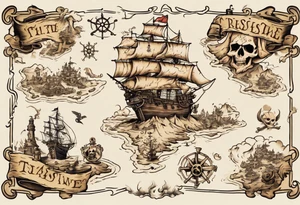 a back tattoo of a pirate treasure map with an island shaped like a big skull with clues to different areas of treasure tattoo idea