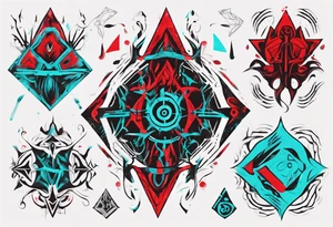 an art in the style of abstract, cutchulu, textured pigment planes, red and cyan, stencil art tattoo idea