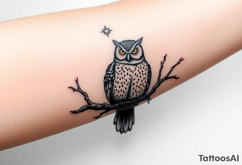 wise owl perched on ancient oak branch under starlit sky tattoo idea